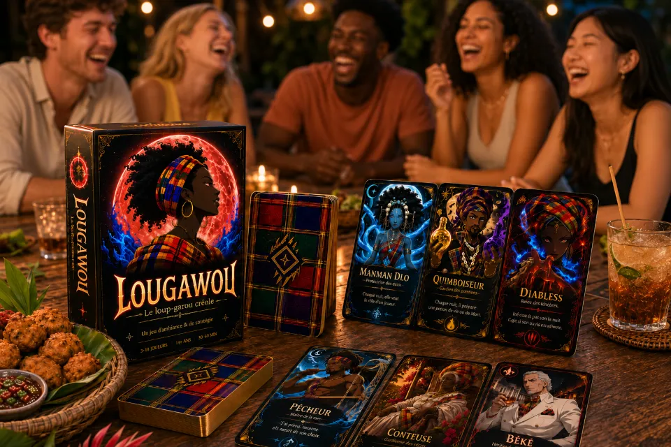 Le jeu de cartes Lougawou — boîte et cartes sur la table