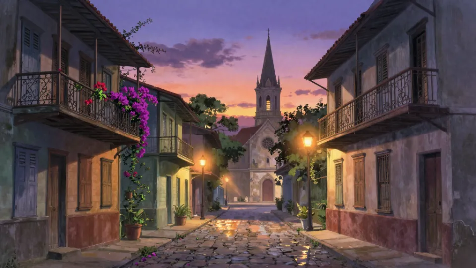 Une rue du bourg au crépuscule